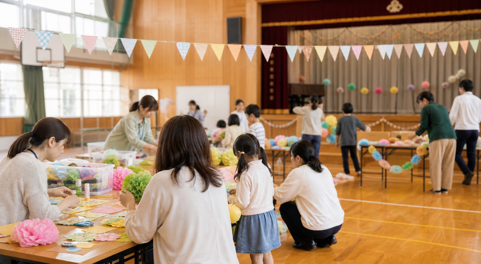 保護者や子どもたちが学校行事の準備をしている様子